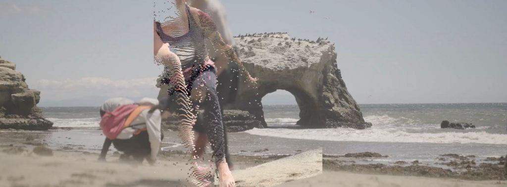 Still from the film "Oceanic: Queering the Ocean" with natural bridge at natural bridges state beach and 3d scan of micha cardenas dancing
